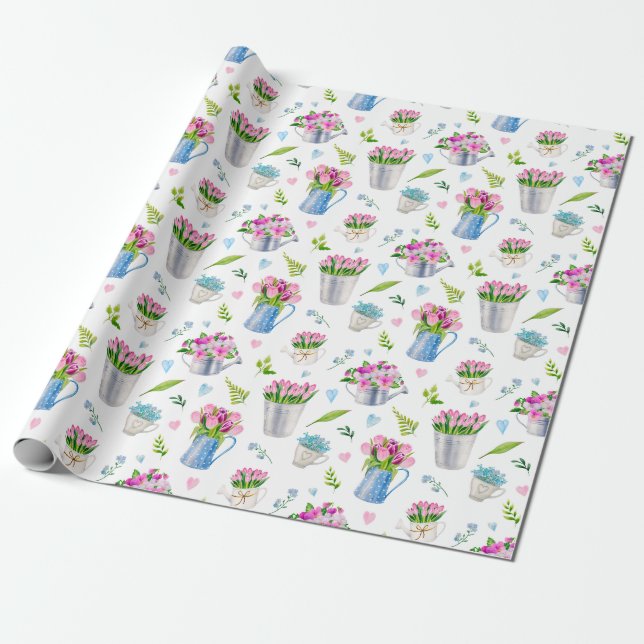 Papier Cadeau Fleur de printemps de l'aquarelle mignonne Motif d (Déroulé)