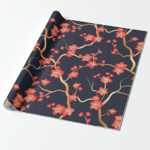 Papier Cadeau Fleur de prunier rouge or bronze marine florale
