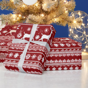 Papier Cadeau Fleur de rennes rouges et blancs Noël moderne