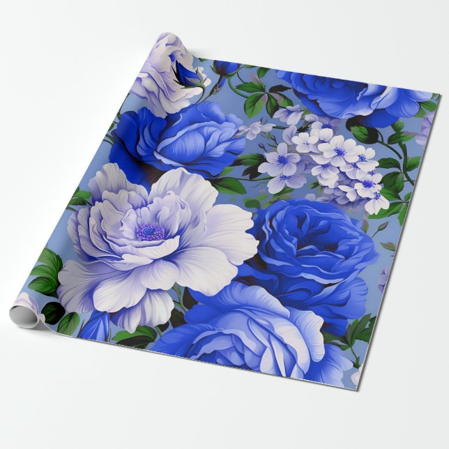 Papier Cadeau Fleur de Rose bleu grand rétro (Déroulé)