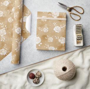 Papier Cadeau Fleur de rose crème marron clair Anniversaire