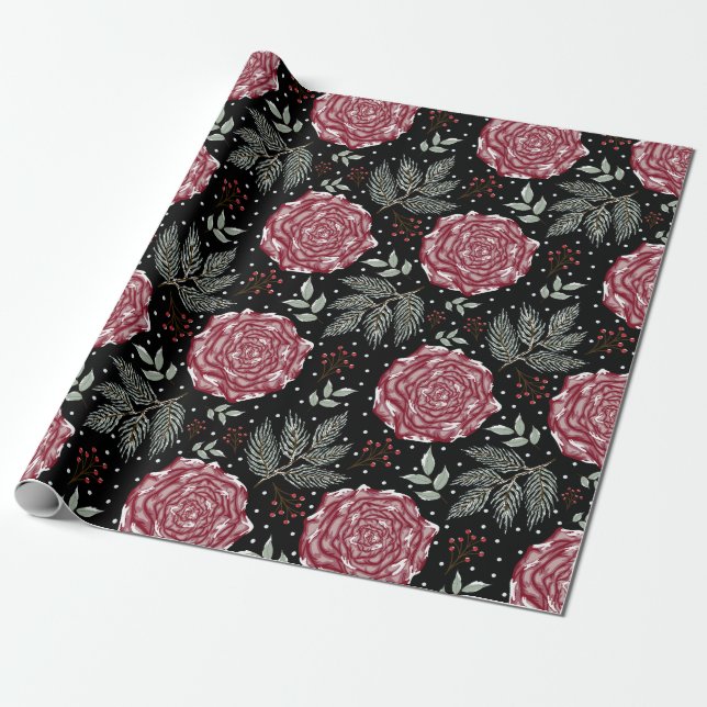 Papier Cadeau Fleur de rose d'hiver (Déroulé)