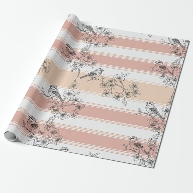 Papier Cadeau Fleur de ruban pêche Élégant oiseau (3) (Déroulé)