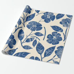 Papier Cadeau Fleur de style rétro vintage botanique bleu rustiq