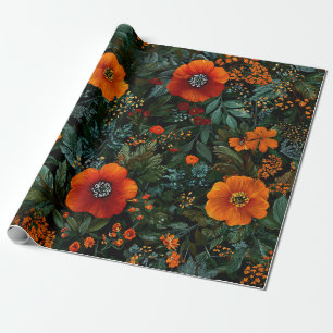 Papier Cadeau Fleur de style rustique orange vert botanique gras