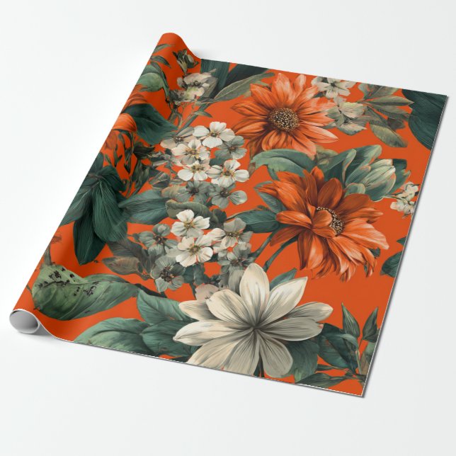 Papier Cadeau Fleur de style rustique orange vert botanique gras (Déroulé)