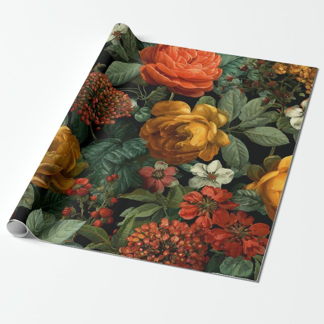 Papier Cadeau Fleur de style rustique orange vert botanique gras (Déroulé)
