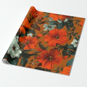 Papier Cadeau Fleur de style rustique orange vert botanique gras