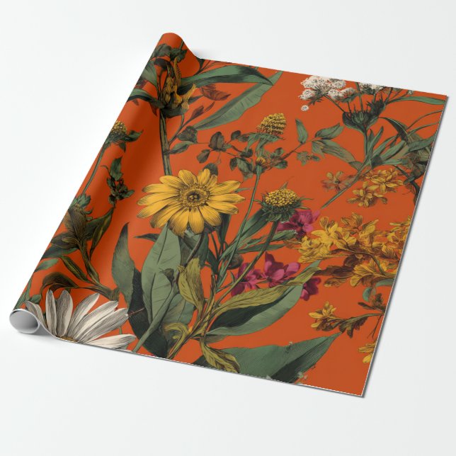 Papier Cadeau Fleur de style rustique orange vert botanique gras (Déroulé)