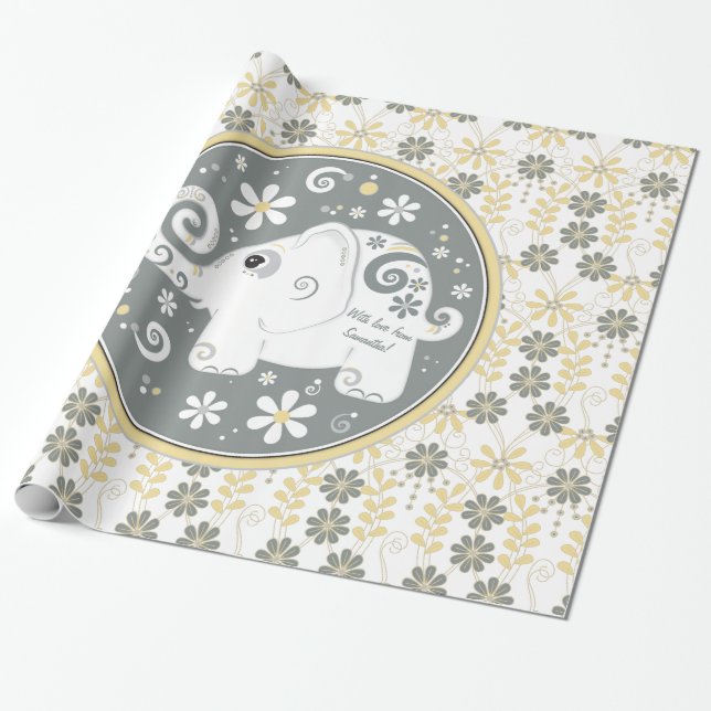 Papier Cadeau Fleur d'éléphant jaune gris blanc fantaisie (Déroulé)