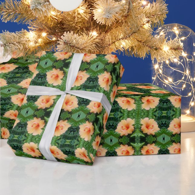 Papier Cadeau Fleur d'Hibiscus orange avec des fougères (Vacances)