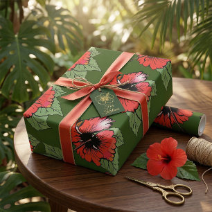 Papier Cadeau Fleur d'Hibiscus Rouge Tropical avec Feuilles Vert