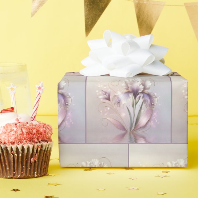 Papier Cadeau Fleur d'iris élégante avec gravure dorée (Fête d'anniversaire)