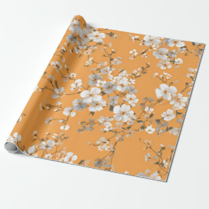 Papier Cadeau Fleur Ditsy Orange Blanc Pastel Bohème Vintage 70s