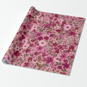 Papier Cadeau Fleur Ditsy Rose Tendre Pastel Bohème Vintage 70s