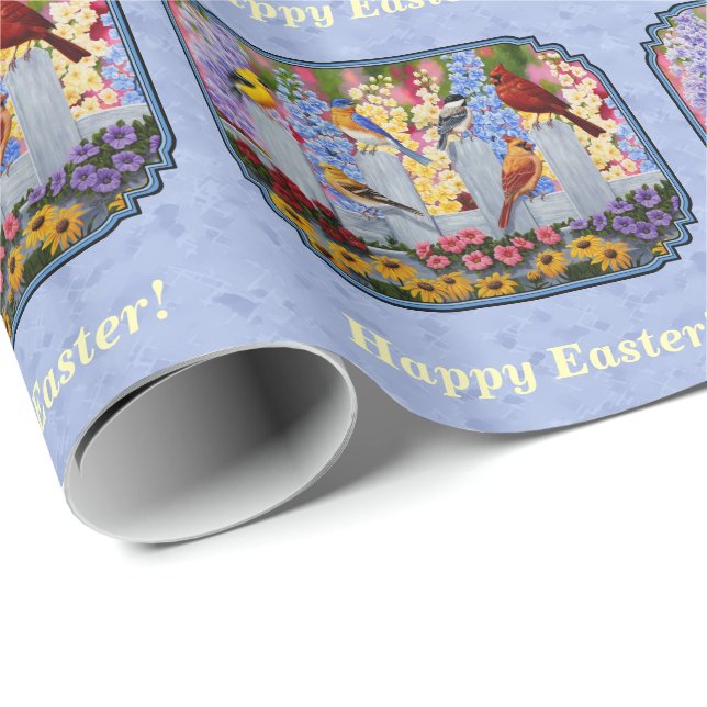 Papier Cadeau Fleur d'oiseaux colorée Jardin Bleu (Coin rond)