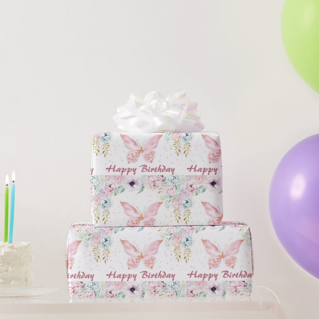 Papier Cadeau Fleur et papillon Pastel anniversaire (Cadeaux de fête)