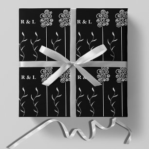 Papier Cadeau Fleur florale minimaliste noir et blanc