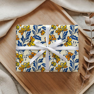 Papier Cadeau Fleur Florale Vintage Jaune Orange Bleu Feuille