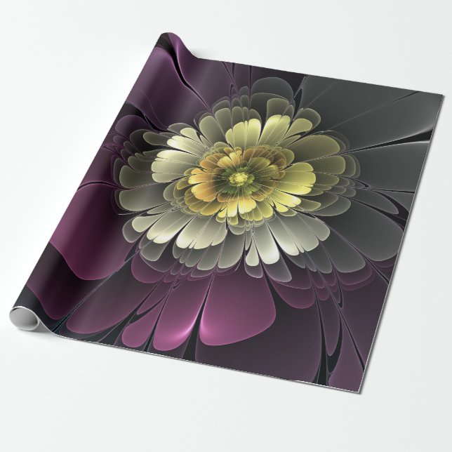 Papier Cadeau Fleur fractale grise et pourpre moderne abstraite (Déroulé)