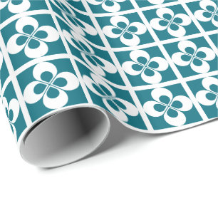 Papier Cadeau Fleur géométrique blanche sur fond bleu sarcelle