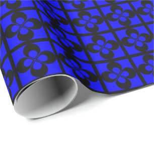 Papier Cadeau Fleur géométrique noire sur fond bleu