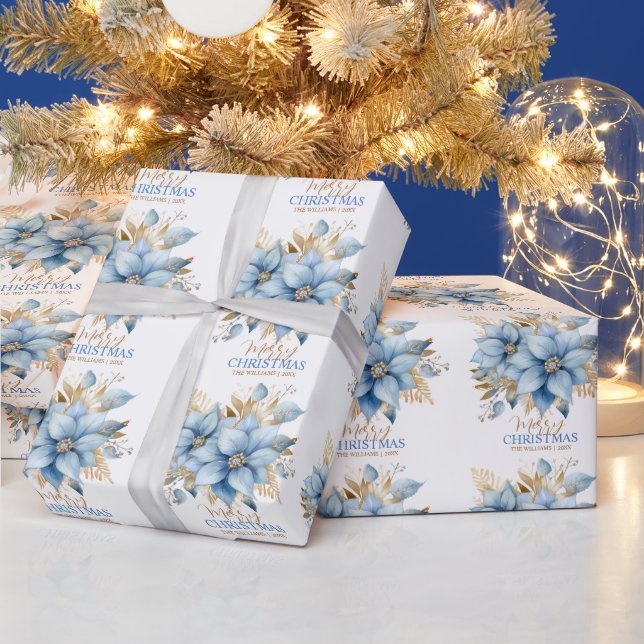 Papier Cadeau Fleur Icy Blue Gold Poinsettia Noël | Nom (Vacances)