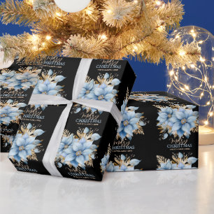 Papier Cadeau Fleur Icy Blue Gold Poinsettia Noël   Nom