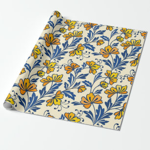 Papier Cadeau Fleur jaune et feuille bleue design sans soudure