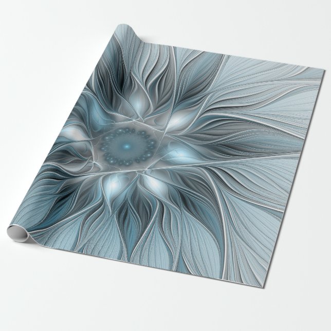 Papier Cadeau Fleur joyeuse abstraite fleur grise bleue fractale (Déroulé)