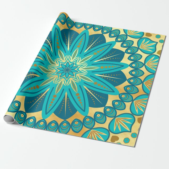 Papier Cadeau Fleur Mandala Blue Gold (Déroulé)