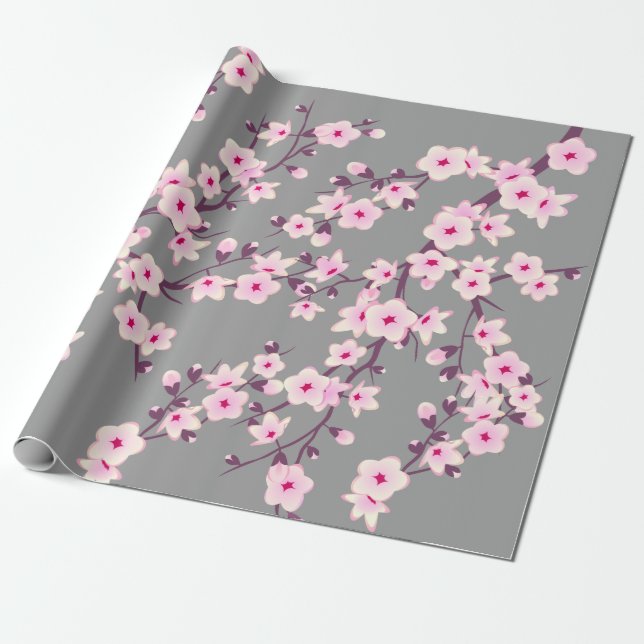 Papier Cadeau Fleur mignonne de cerise rose Gris (Déroulé)
