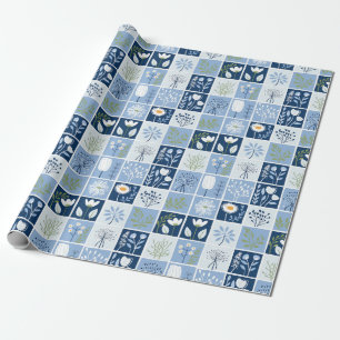 Papier Cadeau Fleur moderne nordique bleue scandinave