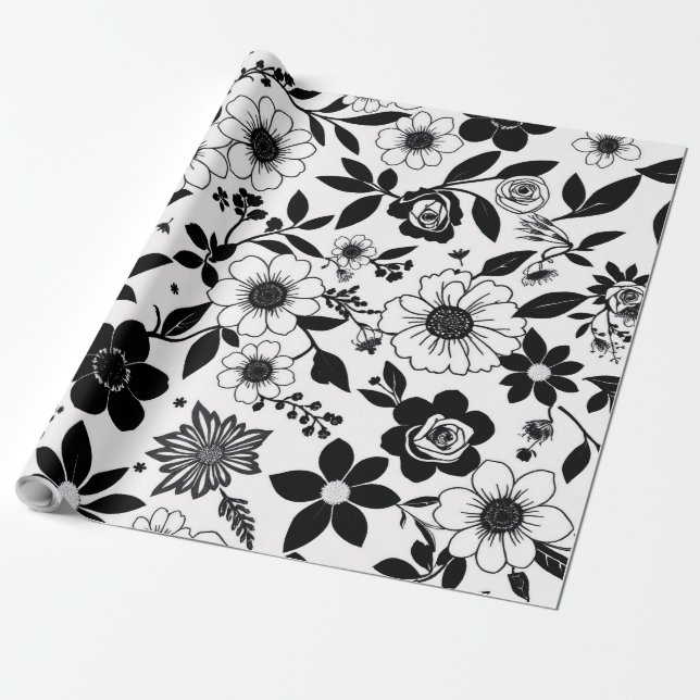 Papier Cadeau Fleur noire et blanche (Déroulé)