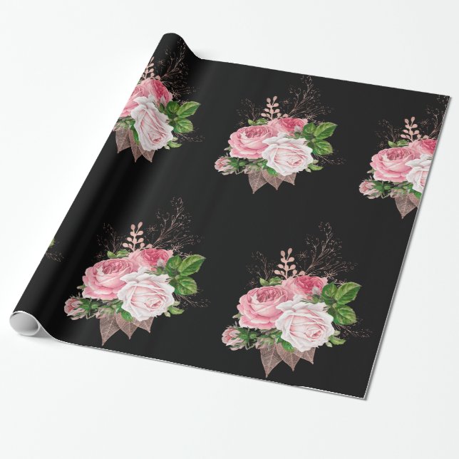 Papier Cadeau Fleur noire rose MARIAGE WRAP (Déroulé)