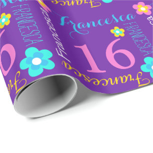 Papier Cadeau Fleur nom personnalisé âge 16e anniversaire enve
