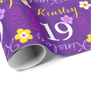 Papier Cadeau Fleur nom personnalisé âge 19e anniversaire violet