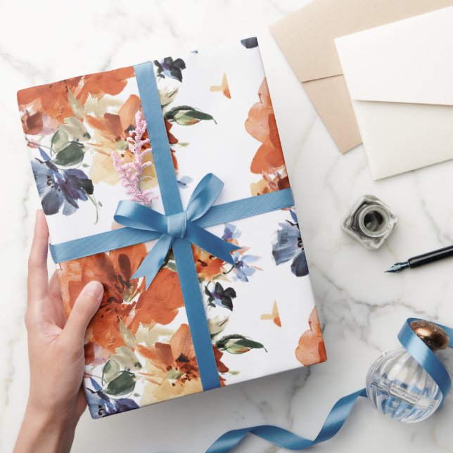 Papier Cadeau Fleur orange et bleu à l'aquarelle (Cadeaux)