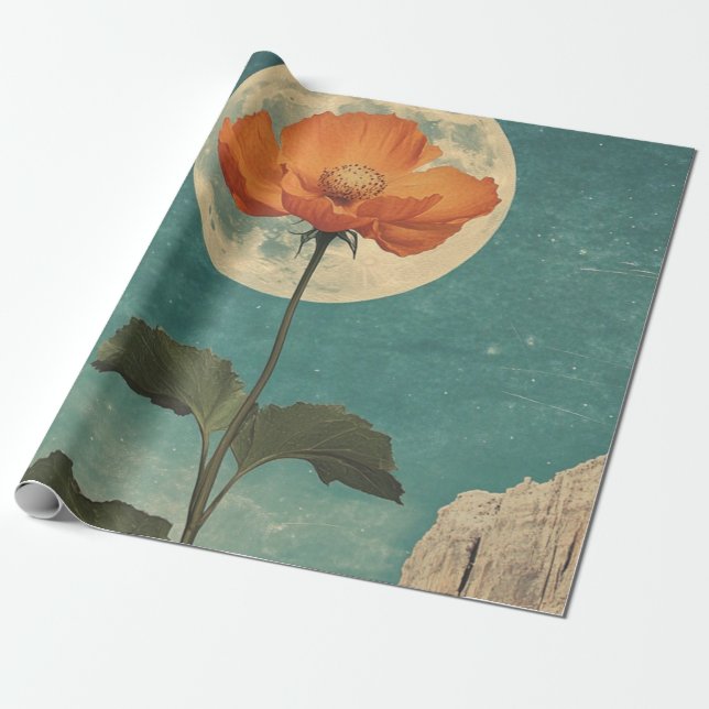 Papier Cadeau Fleur orange Lune - Charme Boho Vintage (Déroulé)