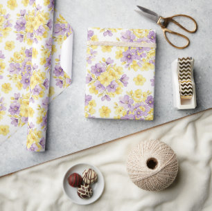 Papier Cadeau Fleur pastel florale or et violet aquarelle