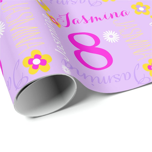 Papier Cadeau Fleur personnalisée rose violet âge de 8 ans (Coin rond)