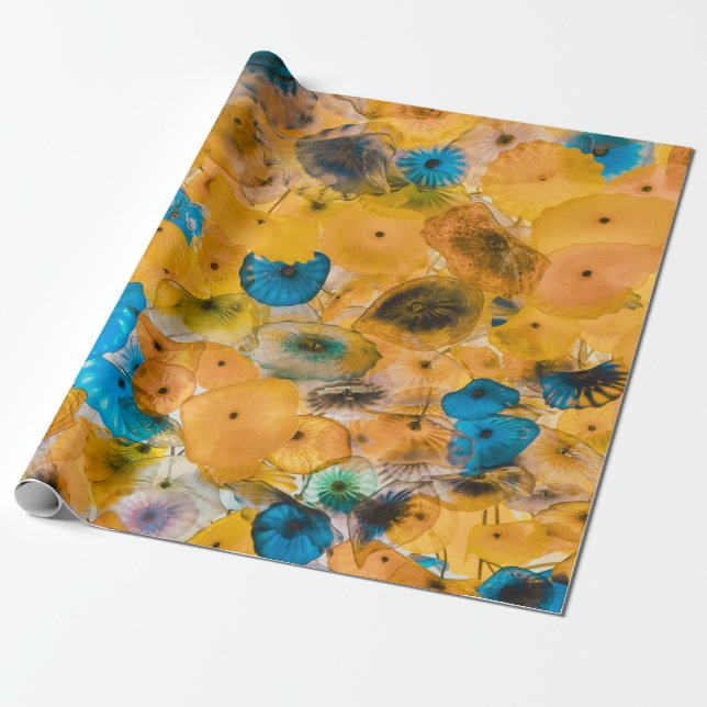 Papier Cadeau Fleur pétée jaune et bleu (Déroulé)