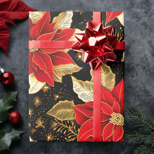 Papier Cadeau Fleur Poinsettia en noir feuille d'or   Noël