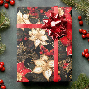 Papier Cadeau Fleur Poinsettia en or rouge noir   Noël