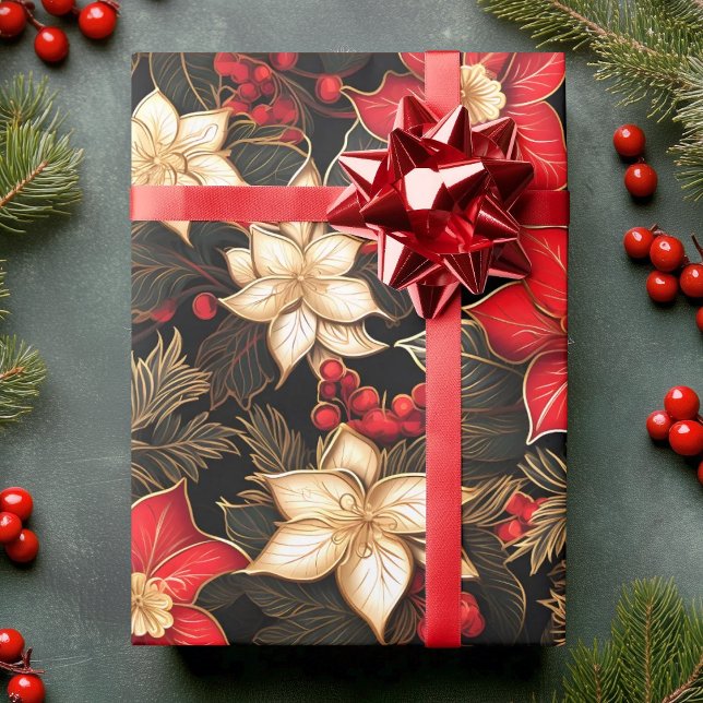 Papier Cadeau Fleur Poinsettia en or rouge noir | Noël (Poinsettia Flower in Black Red Gold | Christmas Wrapping Paper)