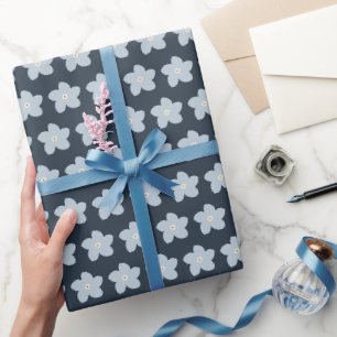 Papier Cadeau Fleur Rétro Bleu Clair et Navy