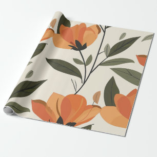 Papier Cadeau Fleur Retro Orange Botanique Gras Fleur Vintage 70
