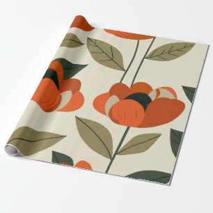 Papier Cadeau Fleur Rétro Orange Botanique Gras Fleur Vintage 70