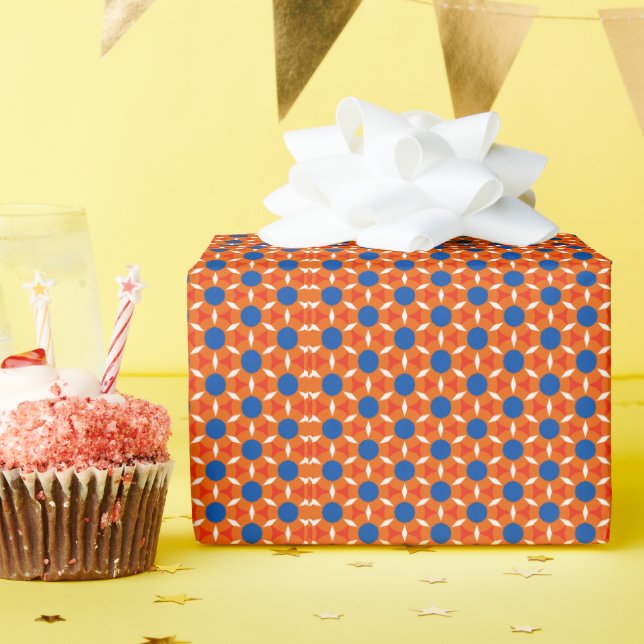 Papier Cadeau Fleur ronde étoile rétro bleu orange (Fête d'anniversaire)