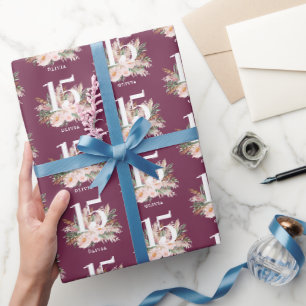 Papier Cadeau Fleur rose girly aquarelle âge élégant anniversair